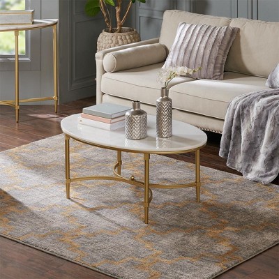 NicBex Modern Oval Marble Coffee Table with Gold Metal Legs,2-Tier Center Table for Living Room,Simple End Table