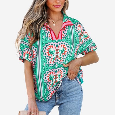 Amaryllis Women’s Geometric Print Collared V-Neck Short Sleeve Relaxed Fit Lightweight Casual
