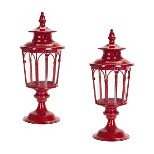 HomeRoots Set of Two Red Distressed Ornate Glass And Metal Tabletop Lantern Candle Holders - 1 of 4