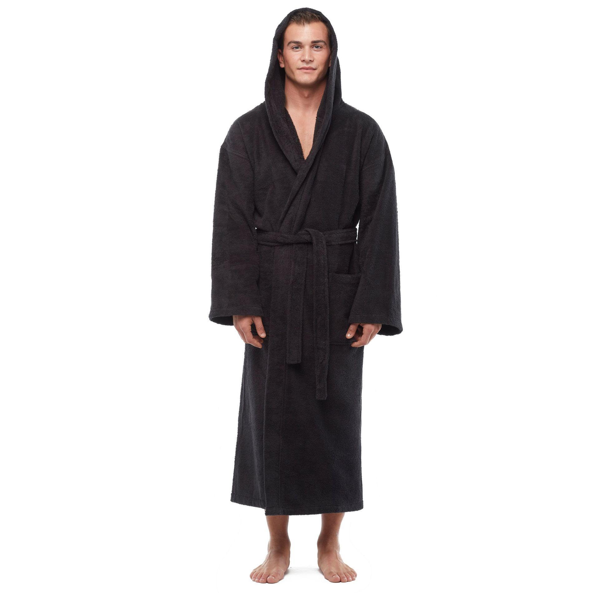Arus Men's Turkish Cotton Hooded Robe, Absorbent Terry Cloth Bathrobe with Hood , Black , XX Large