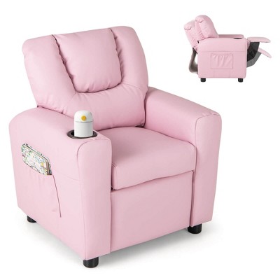 Costway Kids Recliner Chair with Cup Holder & Side Pocket Adjustable Backrest Footrest Beige/Black/Pink/Brown