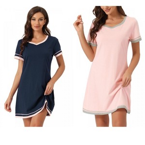 INSPIRE CHIC Women's 2 Pcs Short-Sleeve Nightshirt Color-Block V-Neck Sleepdress Set - 1 of 4