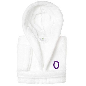 Personalized Linum Kids 100% Polyester SUPER PLUSH Double Brushed Hooded Bathrobe in Purple Bookman Font - 1 of 3