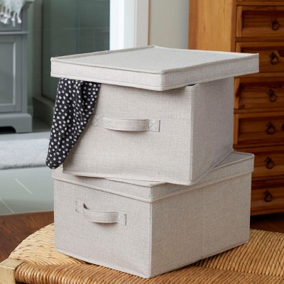 Large Gray Poly Linen Fabric Storage Bins with Removable Lid