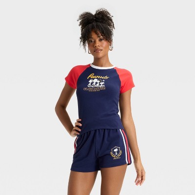 Women's Peanuts Short Sleeve Graphic Baby T-Shirt - Navy