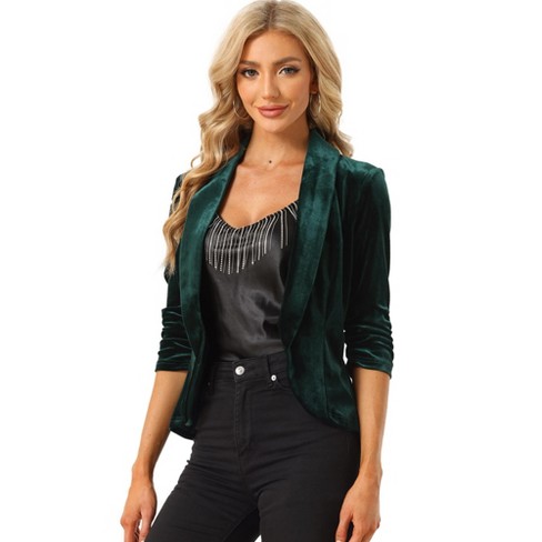 Allegra K Women's Velvet Lapel Collar Open Front Cardigan Dark Green ...