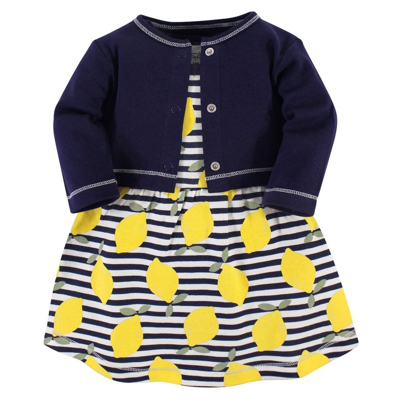 Touched by Nature Baby and Toddler Girl Organic Cotton Dress and Cardigan 2pc Set, Lemons, 1 of 5