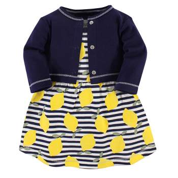 Touched by Nature Baby and Toddler Girl Organic Cotton Dress and Cardigan 2pc Set, Lemons