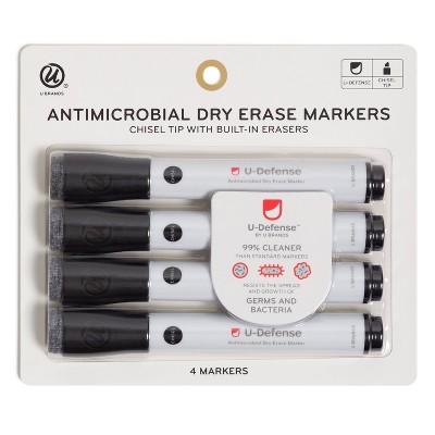 4pk Dry Erase Markers U Defense Antimicrobial Chisel Black - U Brands