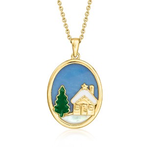 Ross-Simons Mother-Of-Pearl and Blue Opal Winter Scene Pendant Necklace With Enamel in 18kt Gold Over Sterling Size 18 - 1 of 4