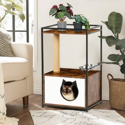 Modern Cat Tree Tower Condo, Cat Tree with Feeding Station & Scratching Post, Multifunctional Cat Furniture Nightstand, Cat House For Indoor Cats