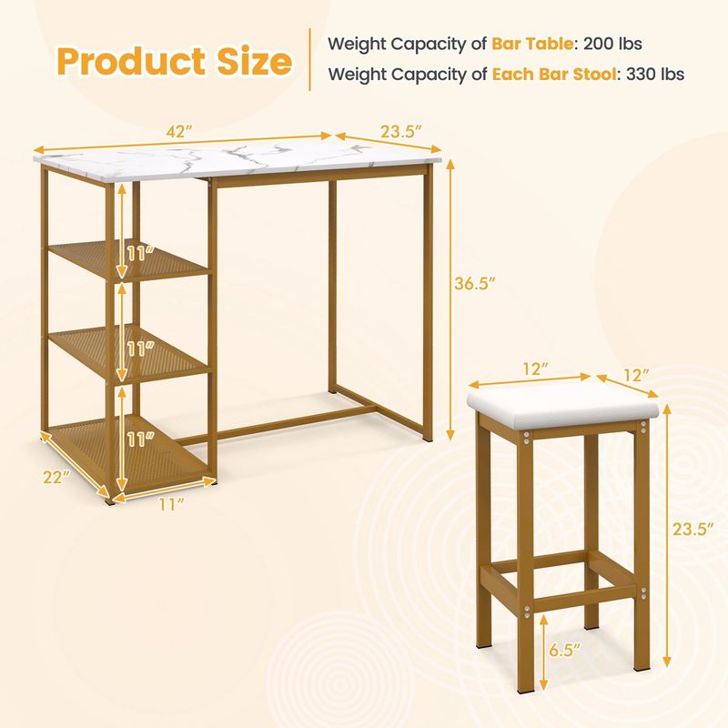Costway 3PCS Bar Table Set Kitchen Counter Height Table 2 Stools Space Saving with Storage, 4 of 11