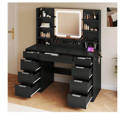 Vanity Makeup Dressing Table Set with LED Mirror and Lights And 9 Drawers 5 Open Shelves 3 Color Modes & Adjustable Brightness Dressing Table