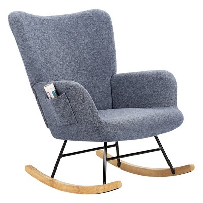 VECELO Upholstered Teddy Fabric Rocking Chair Modern Lounge Rocker Recliner with Safe Solid Wood Base Gray/White/Pink