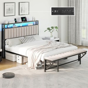 AMERLIFE LED Bed Frame with Foldable Ottoman, Charging Station, Velvet Upholstered Headboard - 1 of 4