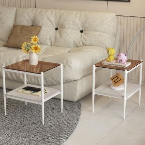 Set of 2 Rectangle End Table, Tempered Glass Tabletop with MDF layer,Brown Glass - 1 of 4