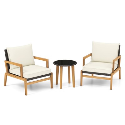 Tangkula 3 PCS Patio Chair Set Wicker Chair & Side Table Set w/ Tempered Glass Tabletop