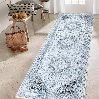 2x6ft Washable Vintage Floral Print Runner Rug, Non Slip Low Pile Non Shedding Soft Mat, Stain Resistant Carpet for Bathroom Kitchen Hallway, Blue