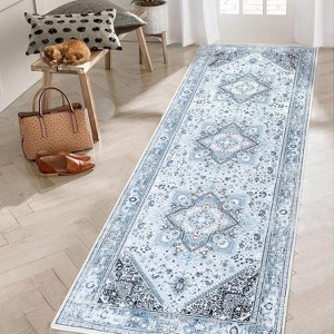 2x6ft Washable Vintage Floral Print Runner Rug, Non Slip Low Pile Non Shedding Soft Mat, Stain Resistant Carpet for Bathroom Kitchen Hallway, Blue - 1 of 4