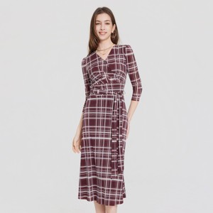Women's 3/4 Sleeve Midi Wrap Dress - A New Day Dark Red Plaid L : Target