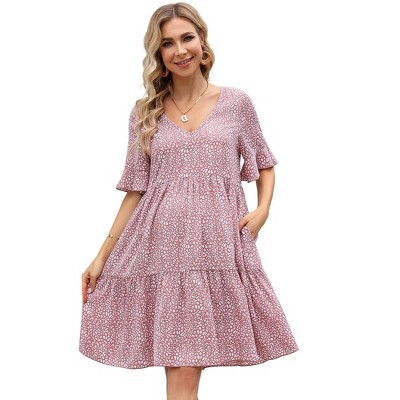 Maternity Dress Womens Casual Babydoll Dress Ruffle Short Sleeve V Neck Floral Printed Flowy Mini Short Tunic Dress