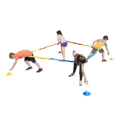 HearthSong Multi-Way Tug-of-War Game with 14 Foot Elastic Band, Four Cones  and Four Balls