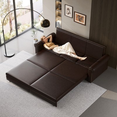 KWPZQEB 93.7" Convertible Sleeper Sofa Bed, 3-in-1 Pull Out Couch Bed with Nailhead Trim & Rolled Arm, Faux Leather Pull Out Sofa Bed for Living Room