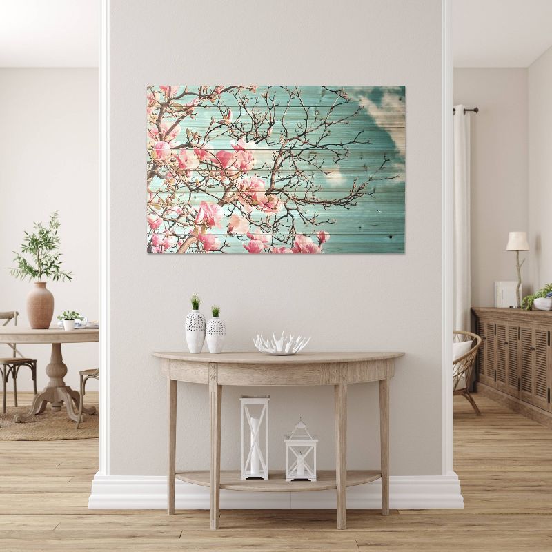 24&#34; x 36&#34; Magnolia Blossom Print on Planked Wood Wall Sign Panel Light Blue/Pink - Gallery 57, 3 of 7