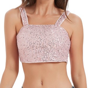 Anna-Kaci Women's Stretchy Sequins Crop Top Square Neck Wide Sparkling Tube Tops- Large, Rose - 1 of 4