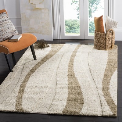 Elegant Waves Cream/Dark Brown Hand-Knotted Shag Rug 5'3" X 7'6"