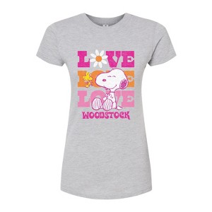 Women's - Peanuts - Snoopy and Woodstock Love Stacked Fitted Graphic T-Shirt - 1 of 3
