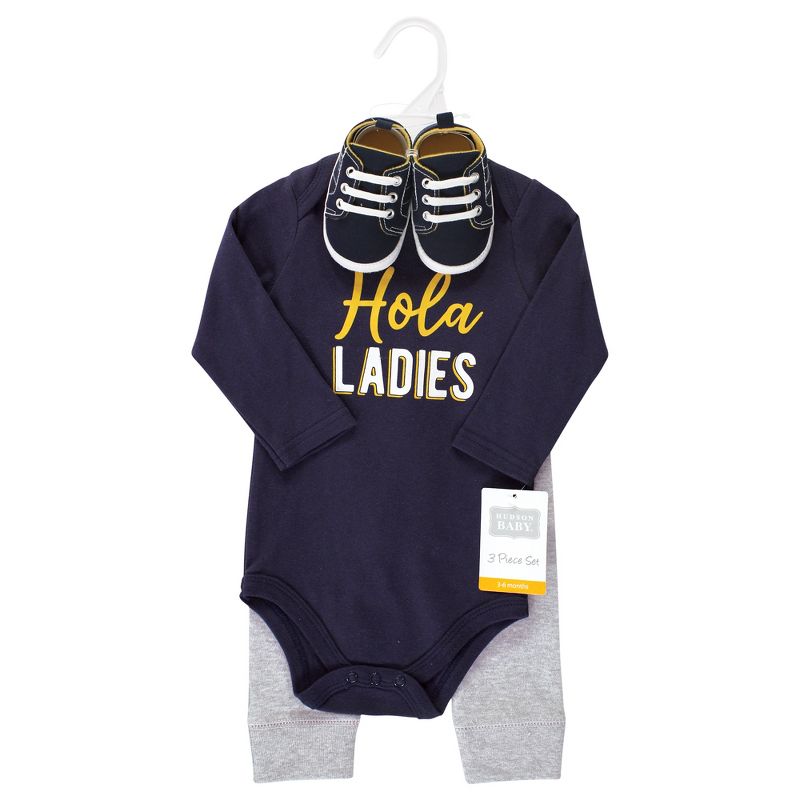 Hudson Baby Infant Boy Cotton Bodysuit, Pant and Shoe Set, Hola Ladies Long Sleeve, 2 of 6