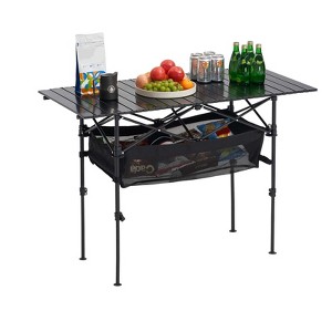 VEVOR Folding Camping Table, Portable Roll Up Side Tables, Lightweight Aluminum Beach Table with Adjustable Height, Large Storage Bag, Black - 1 of 4