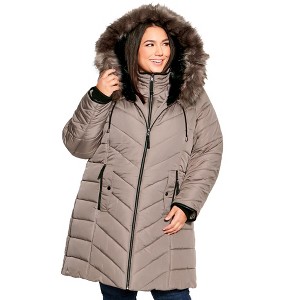 Avenue Women's Plus Size Chevron Faux Fur Hood Long Puffer Coat - 1 of 4