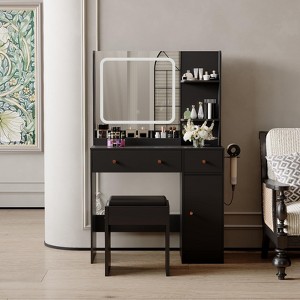 Vanity Desk with LED Lights Mirror & Power Outlet, Makeup Vanity Table Set with Storage Drawers, Stool, Black Dressing Table for Women Girls - 1 of 4