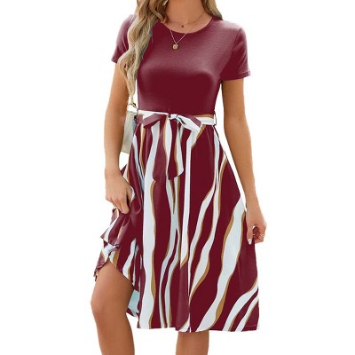 Women's Short Sleeve Round Neck A Line Dress Belted Fit and Flared Midi Summer Dresses Teacher Dress Irregular Stripes Dress