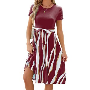 Women's Short Sleeve Round Neck A Line Dress Belted Fit and Flared Midi Summer Dresses Teacher Dress Irregular Stripes Dress - 1 of 4