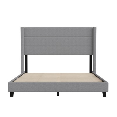 Gray Linen Upholstered Queen Platform Bed with Wingback Headboard