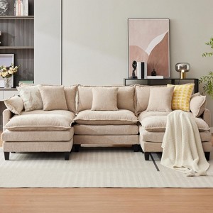 Coucheta 112" Modular Sectional Sofa - Convertible L/U-Shaped 3-Seater with Ottoman(s) & Pillows, Deep Chenille Seat for Living Room, Beige/Coffee - 1 of 4