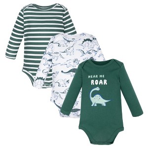 Hudson Baby Infant Boys Cotton Long-Sleeve Bodysuits 3-Pack, Hear Me Roar Dino - 1 of 4