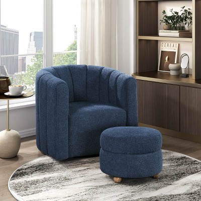 Sapphtopaz 2pc Modern Accent Chair Boucle Fabric Upholstery Lounge Chair, Swivel Chair with Ottoman, Solid Wood Living Room Chair Comfy Chair