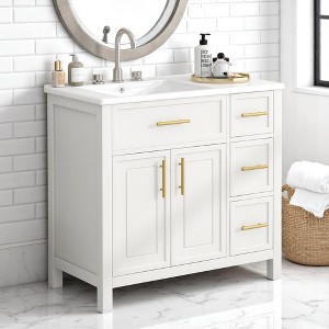 Mshliw 36" Bathroom Vanity with Ceramic Sink, Two Doors, Three Drawers, Solid Wood & MDF Cabinet for Modern Bathrooms(White) - 1 of 4