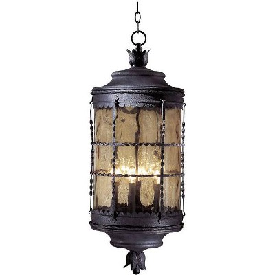Minka Lavery Rustic Outdoor Hanging Light Fixture Mediterranean Black Iron Damp Rated 32" Hammered Wavy Glass for Post Exterior