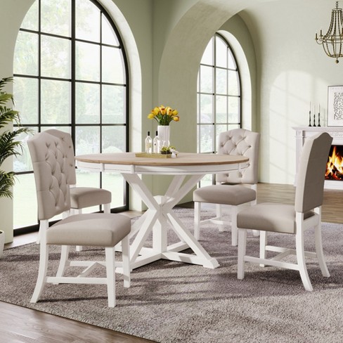 5 Pcs Extendable Wood Dining Table Set With Round Table And 4