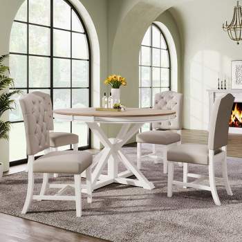 5 PCS Extendable Wood Dining Table Set with Round Table and 4 Upholstered Chairs Re-ModernLuxe