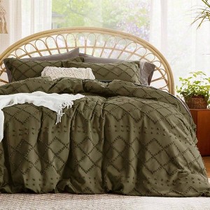 Boho Duvet Cover King Size - Olive Green, Breathable Soft, Machine Washable, 104x90 with 2 Pillow Shams - 1 of 4