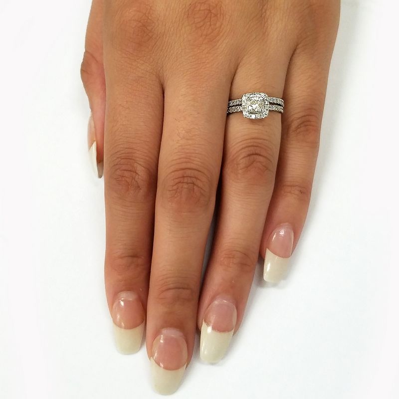 Pompeii3 5/8 Ct Lab Created Diamond Cushion Halo Engagement Wedding Ring Set White Gold EX3, 3 of 5