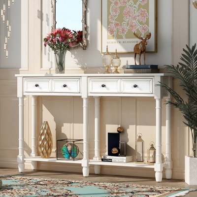Elegant Solid Wood Console Table with Two Storage Drawers and Shelf