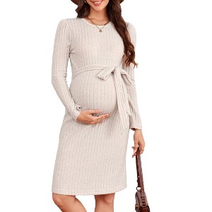 Maternity Long Sleeve Sweater Bodycon Boho Midi Dress Fall Casual Crew Neck Mini Dress Baby Shower Photoshoot Belt - 1 of 4