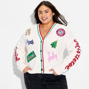 Women's Holiday Patchwork Festive Graphic Cardigan - Cream - 1 of 3